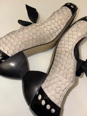 All Black Black & Cream Textured Mary Jane Heels w/FishBow ribbon laces Sz 7.5 thumbnail 4