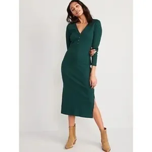 Old Navy V-neck Rib-Knit Henley Midi Dress in "Emerald Isle" Green 2XL #763 thumbnail 2