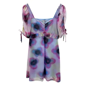 Topshop Paint Floral Mini Dress M‎ NWT Puff Sleeve Y2K Mesh Ruffle Tea thumbnail 3