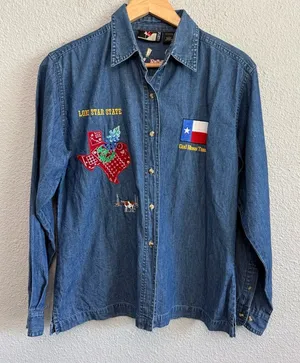 Lone Star State Texas Gal Denim Button Front Shirt Size‎ Small Embroidered thumbnail 1