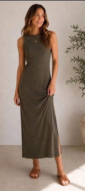 Vuori Pose Modern Maxi Dress Small Olive Green Ribbed Ruched Sleeveless Mock thumbnail 1