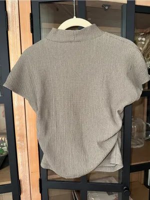 Zara ruched top textured gathered mock neck short sleeve neutral taupe thumbnail 6