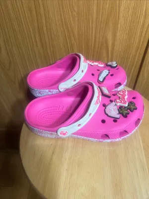 CROCS Hot Pink Sandal Clogs with White Heel Strap and Barbie Charms thumbnail 5