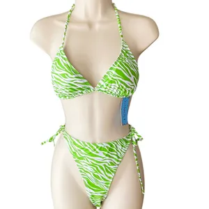 NWT ~ Set/3 Lime Green & White Zebra Drawstring Bikini Swimsuit & Sarong ~ MED. thumbnail 7