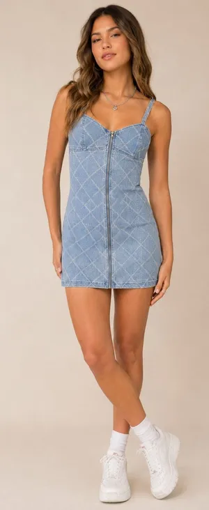 Y2K Denim Bodycon Dress Medium Zip Front Forever 21 Blue Mini Dress thumbnail 1