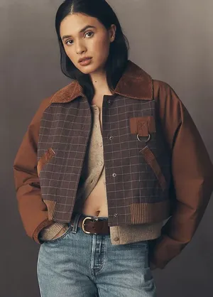 By Anthropologie Plaid Crop Utility Jacket barn corduroy khaki checkered collar thumbnail 1