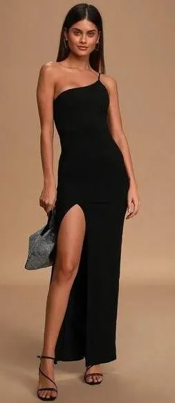 Lulus Keeper of My Heart Black One-Shoulder Maxi Dress Formal Holiday Size L thumbnail 1