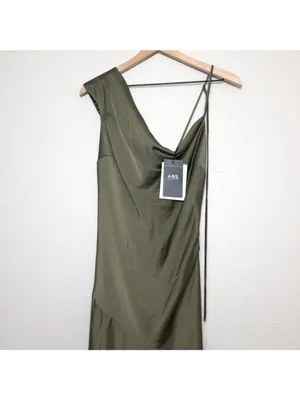 NWT ABS Allen Schwartz Everly Satin Drape Dress 2 Olive Green Slit One Shoulder thumbnail 6