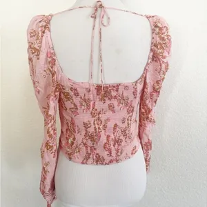 Free People Floral Crop Top M Pink Combo Smocked Puff Sleeve OB1569574 thumbnail 4