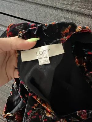 LOFT Black Multi Floral Velvet Ruffle Cap-Sleeve Blouse thumbnail 3