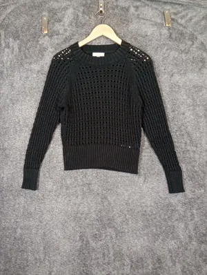 J Crew Pointelle Crewneck Sweater Black Knit Pull Over Boho Fall Womens M thumbnail 2