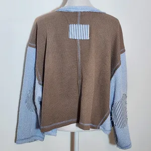 POL Brown and Blue Oversized Distressed Waffle Knit Top Size Large thumbnail 5