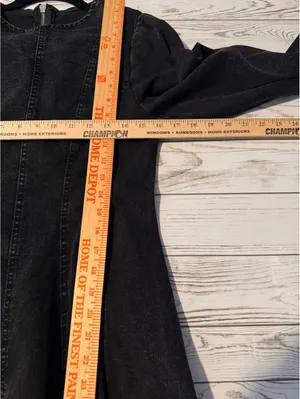 Black Acid Wash Denim Fit & Flare Mini Dress Puff Sleeve Size Small thumbnail 11