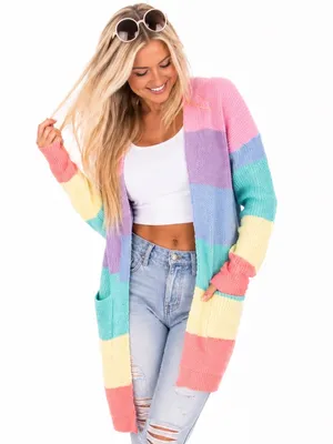 ZESICA XL Pastel Rainbow Colorblock Long Open Front Knit Cardigan Pockets thumbnail 2