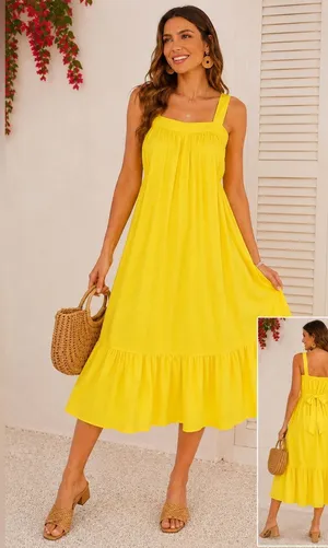 Entro Yellow Babydoll Midi Dress Boutique Summer Dress Size Large thumbnail 1