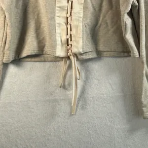 Endless Rose Beige Ribbed Bell Sleeve Lace‎ Up Front Cropped Sweatshirt Top M thumbnail 8