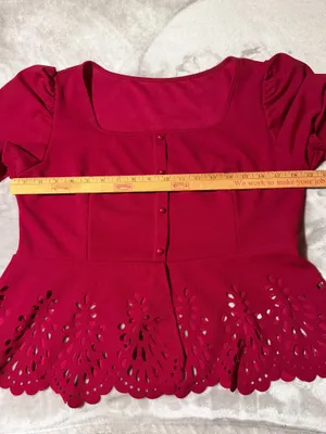 SHEIN Blouse Red Laser Cut Peplum Puff Sleeve Button Front XL Women thumbnail 7