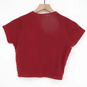 Red Butterfly Graphic Waffle Knit Crop Top Baby Tee Short Sleeve Exposed Seams S thumbnail 2