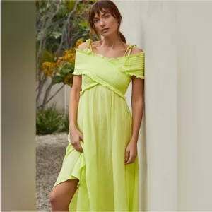ANTHROPOLOGIE Smocked Gauze Lime Green Ruffled Women's maxi dress thumbnail 9