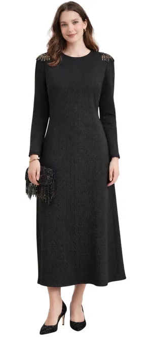 Tuckernuck Black Beaded‎ Shoulder Midi Dress Size L Textured Quiet Luxury thumbnail 1