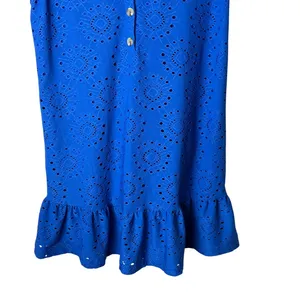 ModCloth Eyelet Dress Women Medium Blue Ruffle Hem V Neck Short Sleeve Mini thumbnail 5