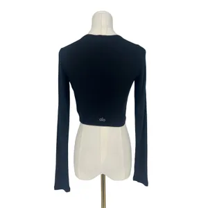 Alo Yoga Ribbed Cropped Whisper Cardigan Black Button Front XS thumbnail 11