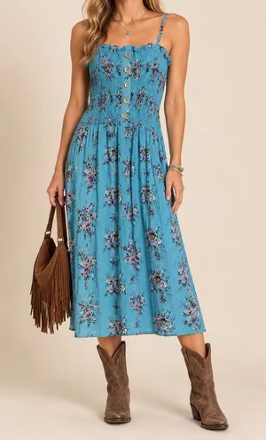 Vintage Angie Turquoise Floral Smocked Cottagecore Midi Dress M thumbnail 1