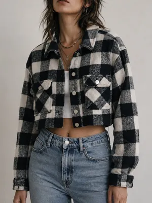 Zara Black White Cropped Buffalo Plaid Button Down Check Shacket thumbnail 8