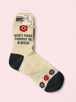 Blue Q Beige Crew Socks with Funny Mom Quote- Black Accents &Red Flower Graphics thumbnail 1