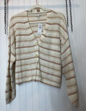 NWT American Eagle Striped V-Neck Cardigan Sweater Beige Tan Size M thumbnail 1