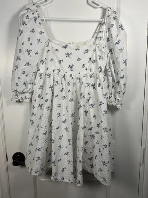 Altar'd State White Swiss Dot Floral Puff Sleeve Babydoll Mini Dress thumbnail 1
