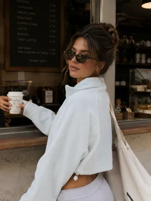 BP soft blue half zip pullover cropped warm and cozy adjustable hem fleece NWT S thumbnail 2