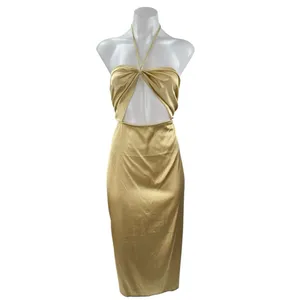 Danielle Bernstein Gold Yellow Silk Satin Halter Cutout Pencil Midi Dress Size L thumbnail 2