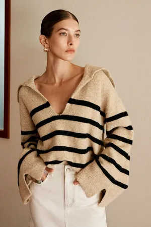 NWT Commense Oversized Striped Pullover Sweater XS Black thumbnail 1