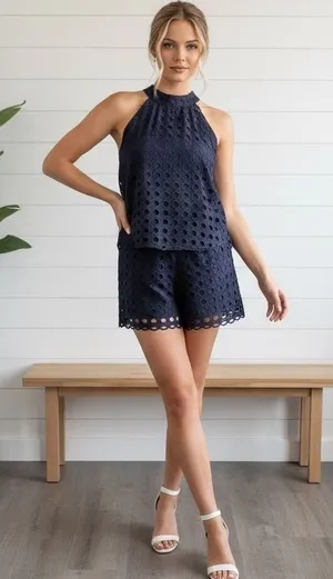 Navy Blue Eyelet‎ Lace Halter Romper High Neck Open Back Scalloped Hem Navy 0236 thumbnail 1