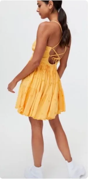 Urban Outfitters Womens Yellow Sandy Boho Embroidered Lace Up Back Mini Dress M thumbnail 1