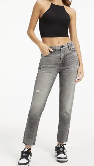 Good American The Weekender Black Denim Jeans 6/28 Straight Frayed High Rise thumbnail 1