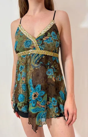 Y2K Floral Gold Embellished Brown and Blue Fairy Cami Tank Top thumbnail 1
