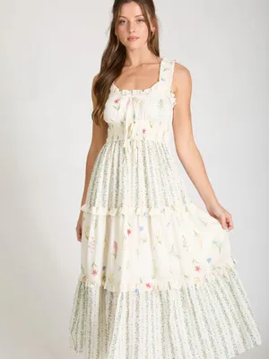 Floral Colorblock Ruffle Tiered Midi Dress Ivory Multi Medium NWT thumbnail 8
