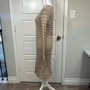 Zara Classic Open Knit Boho Crochet Lined Midi Length Dress in Tan Size Medium thumbnail 4