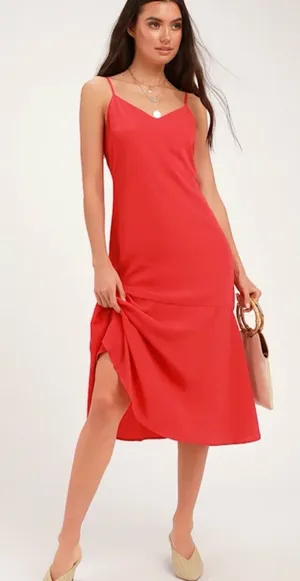 Lulu's Bright Red Midi Slip Dress with Spaghetti Straps thumbnail 1