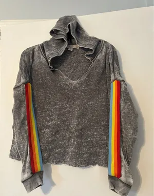 Vintage Havana Gray Acid Wash‎ Rainbow Striped Hoodie Sweatshirt S crop cutoff thumbnail 1