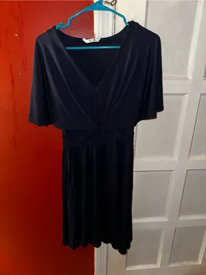 Three Dots EM595 Flutter Sleeve V-Neck Midi Dress Navy Blue Medium Twist Frontl thumbnail 3