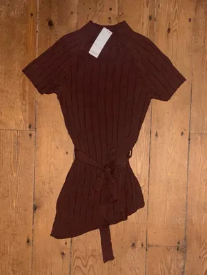 Ecote Burgundy Belted Short Sleeve Sweater with Asymmetrical Hem thumbnail 1