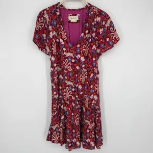 Anthropologie Robin Tiered Mini Dress Size XS Red Floral Ikat Ruffle Boho V Neck thumbnail 2