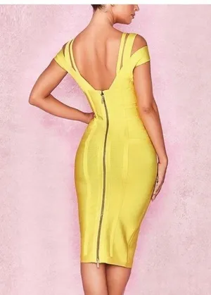 House Of CB London Neon Yellow Bodycon Bandage Cocktail Dress Size XS thumbnail 4
