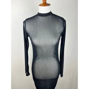 Sheer Mesh Long Sleeve Mock Neck Bodycon Midi Dress Black Ruched Thumbholes thumbnail 4