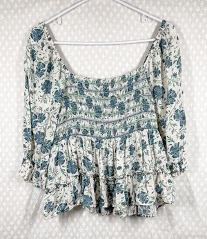 American Eagle Green White Floral Smocked Puff‎ Sleeve Top thumbnail 1