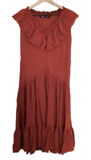 Zara Ruffle Midi V-Neck Terracotta Orange Red Smocked Tiered Flowy Dress Small thumbnail 1