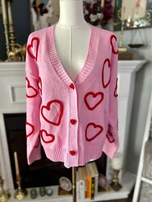Pink Cardigan with Red Hearts NWT Women’s Size Large thumbnail 2